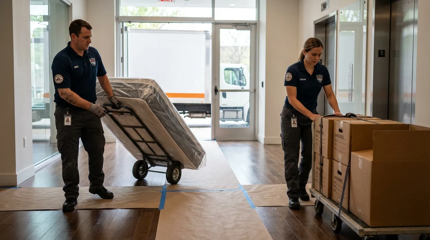 Professional apartment movers loading elevator in Mullens, WV